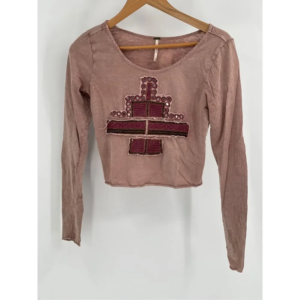 Free People Top Crop Women XS Pink‎ Mauve Embroidered V Neck Bohemian Flutter